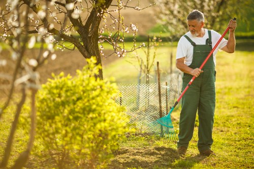 Gardener trimming a mature hedge in a Staines residential street