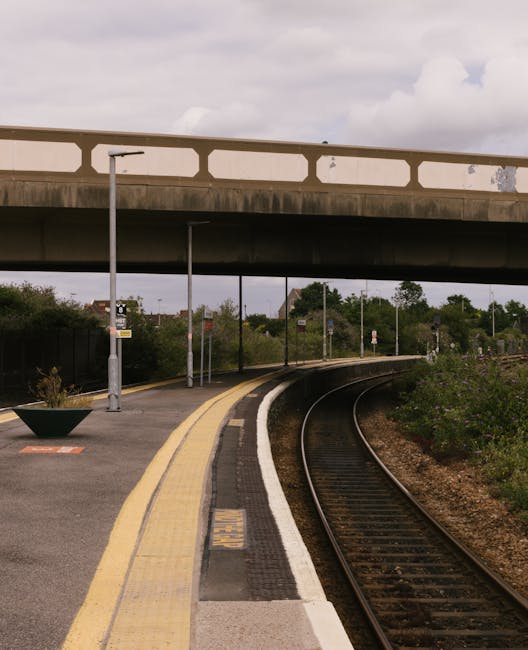 The image depicts a quiet railway station platform beneath an overpass bridge on a cloudy day. The platform has a textured yellow safety line along the edge and features a small, empty planter with da